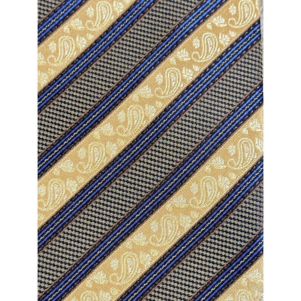 PEACOCK Handmade Pure Silk Mens Neck Tie Stripe Blue w/ Gold‎ Paisley Design